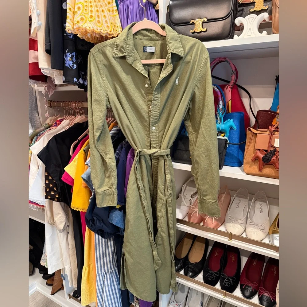 Polo Ralph Lauren olive green belted midi shirt dress - Picture 1 of 4